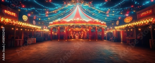 circusthemed frame background featuring a colorful circus tent designed with ample copy space the playful and vibrant atmosphere invites the viewer to imagine the festivities of a circus show photo