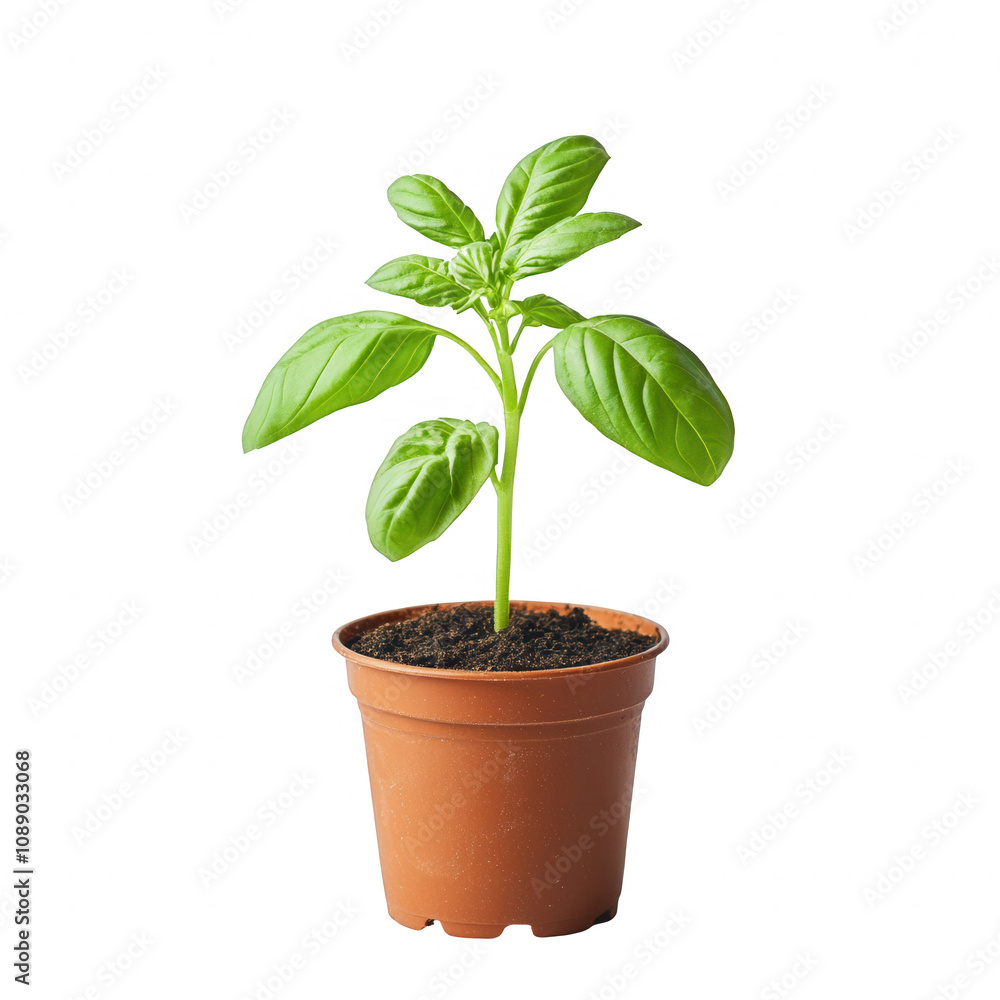A vibrant green basil plant growing in a terracotta pot, symbolizing freshness and growth., isolated on a transparent background. A vibrant green basil plant growing in a terracotta pot, symbolizing freshness and growth., isolated on a transparent background.