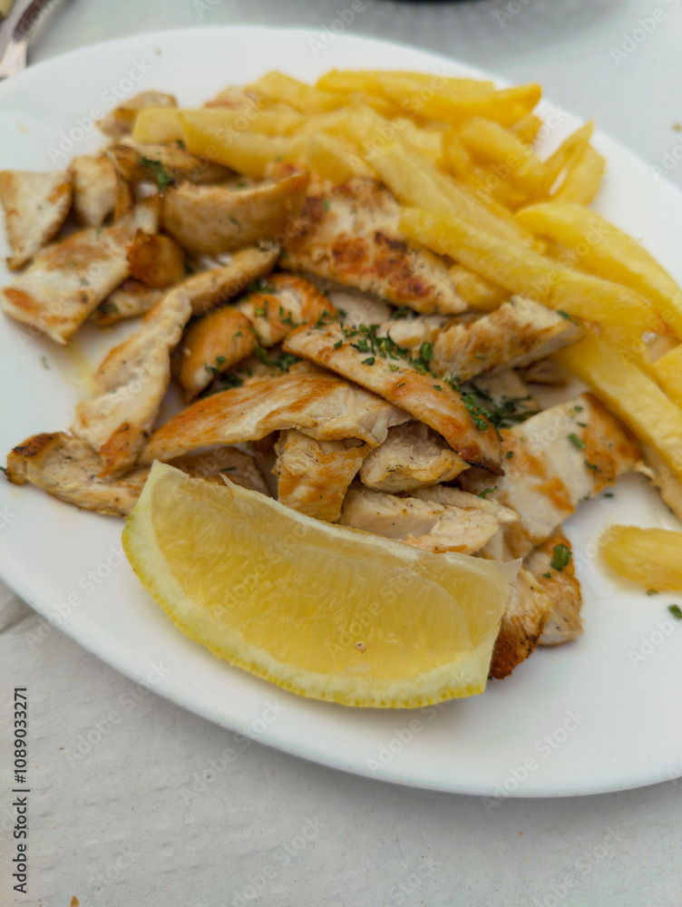 Grilled Chicken and French Fries Served on a Sunny Terrace in Málaga Grilled Chicken and French Fries Served on a Sunny Terrace in Málaga