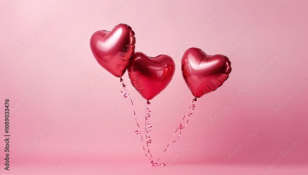 Three shiny heart-shaped balloons for Valentine's Day celebration on soft pink background Three shiny heart-shaped balloons for Valentine's Day celebration on soft pink background