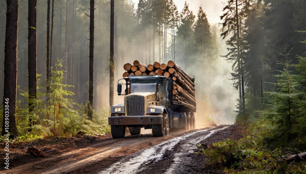 A large logging truck drives through a misty forest, carrying a load of freshly cut logs on a dirt road. A large logging truck drives through a misty forest, carrying a load of freshly cut logs on a dirt road.