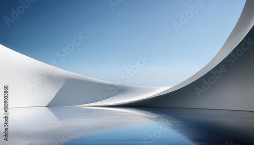 A minimalist white and blue abstract landscape featuring smooth curved surfaces under a clear sky.