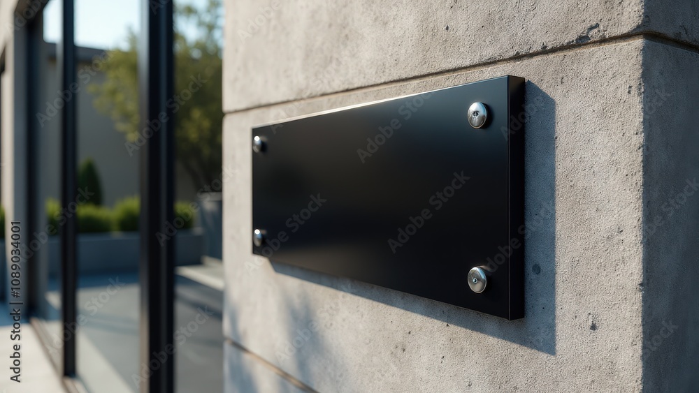 High-quality branding template featuring a polished metallic nameplate against a natural stone wall, perfect for stylish advertising.