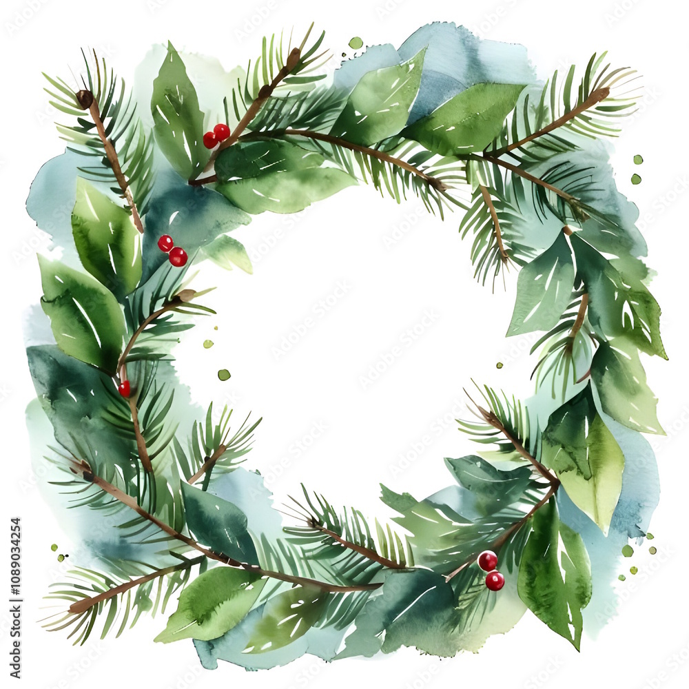 A watercolor painting of a wreath made from pine branches and red berries. A watercolor painting of a wreath made from pine branches and red berries.