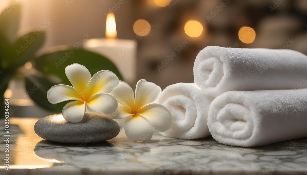 Spa setting with white towels and flowers, lit candle creating a cozy atmosphere. Spa setting with white towels and flowers, lit candle creating a cozy atmosphere.