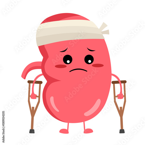 Sick kidney organ cartoon character. Unhealthy kidney disease.