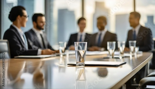 Conference room meeting with businessmen and a clear glass of water in focus on the table.