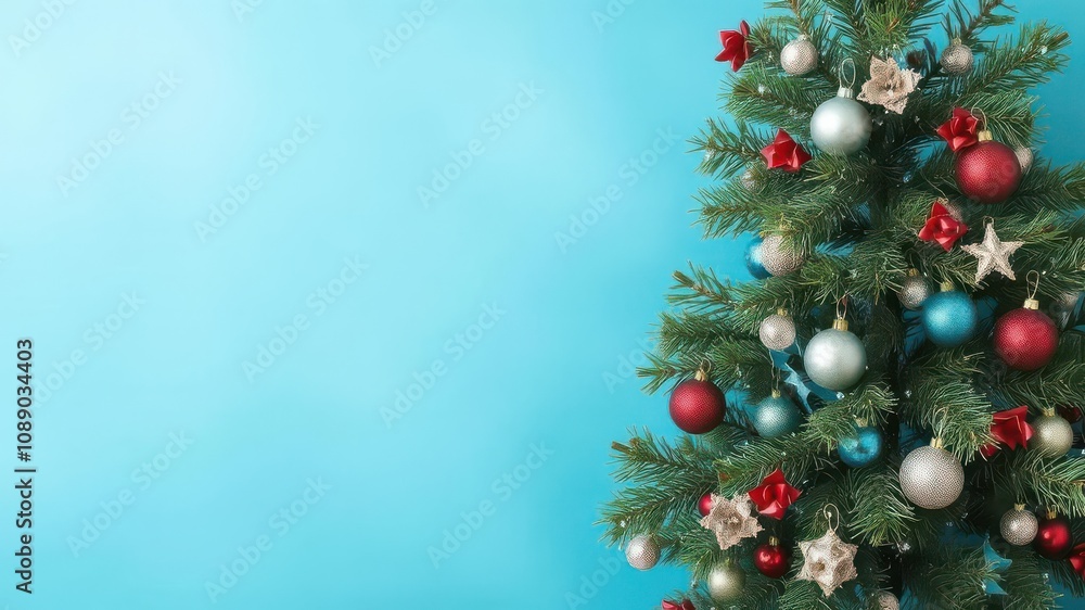 Christmas blue banner with decorated fir tree, celebration, background Christmas blue banner with decorated fir tree, celebration, background