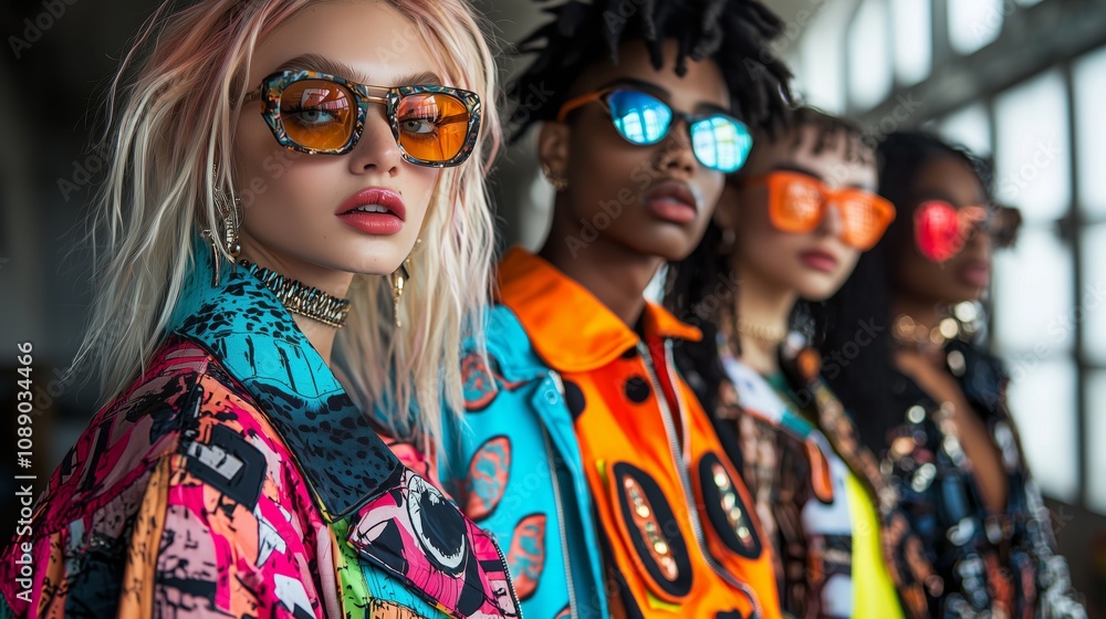Fototapeta premium Group of stylish young adults wearing bold, colorful streetwear and statement sunglasses, showcasing modern pop culture and urban fashion trends.