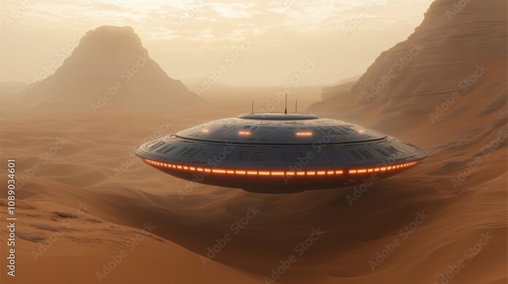 Futuristic UFO hovering over a vast desert landscape at sunset, with glowing lights and a mysterious presence amidst the serene sand dunes. Futuristic UFO hovering over a vast desert landscape at sunset, with glowing lights and a mysterious presence amidst the serene sand dunes.