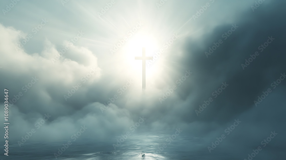 Naklejka premium Ethereal image of cross emerging through clouds, symbolizing hope and faith