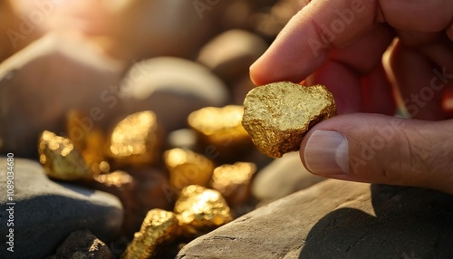 Hand holding a golden nugget in a natural outdoor setting photo