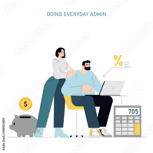 One Day Of Commercial Fishing. Flat Vector Illustration