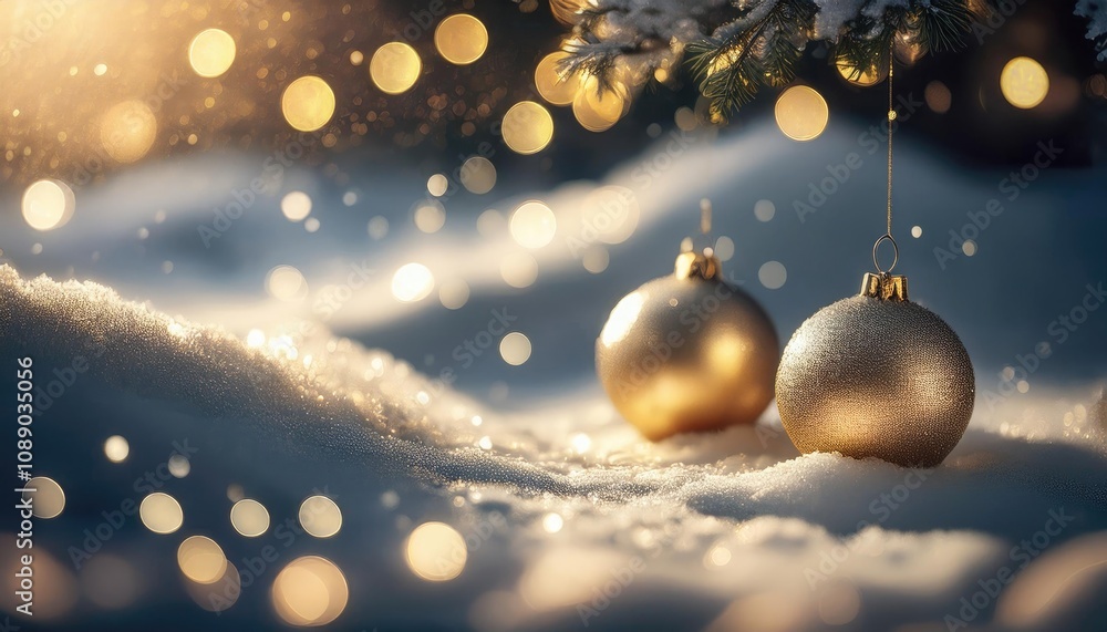 Fototapeta premium Golden ornaments hanging from a snow-covered tree branch, representing winter holiday decoration