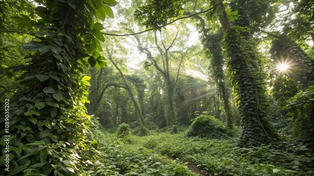 Fototapeta premium Dense foliage with sunlight filtering through canopy, tree tops, scenery, greenery, verdant