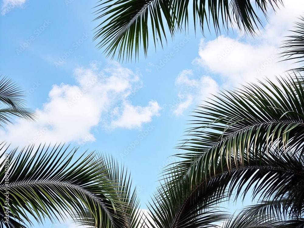 Fototapeta premium Dense palm fronds against a light blue sky with fluffy white clouds, greenery, outdoor, foliage