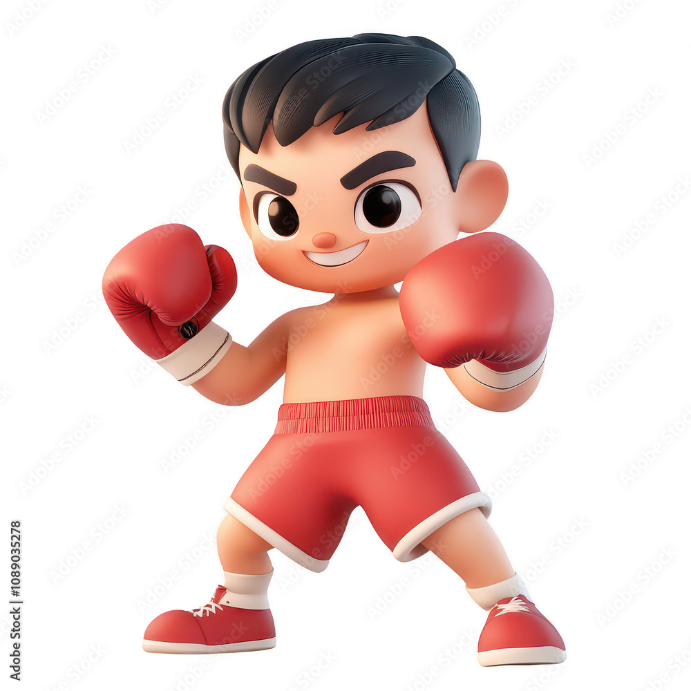 Cheerful cartoon boxer in red shorts ready to fight with confidence and energy., isolated on a transparent background. Cheerful cartoon boxer in red shorts ready to fight with confidence and energy., isolated on a transparent background.