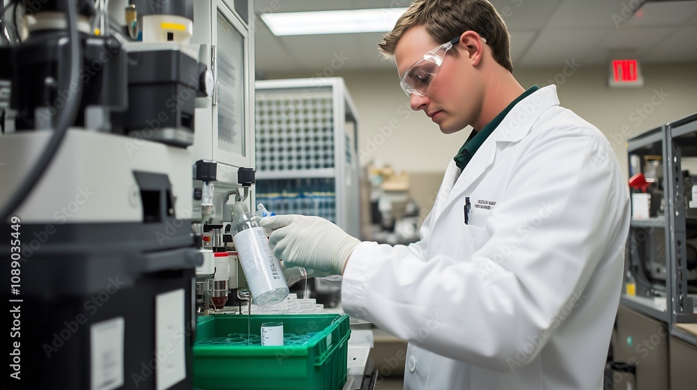 Laboratory technician analyzing fuel composition with advanced equipment Laboratory technician analyzing fuel composition with advanced equipment