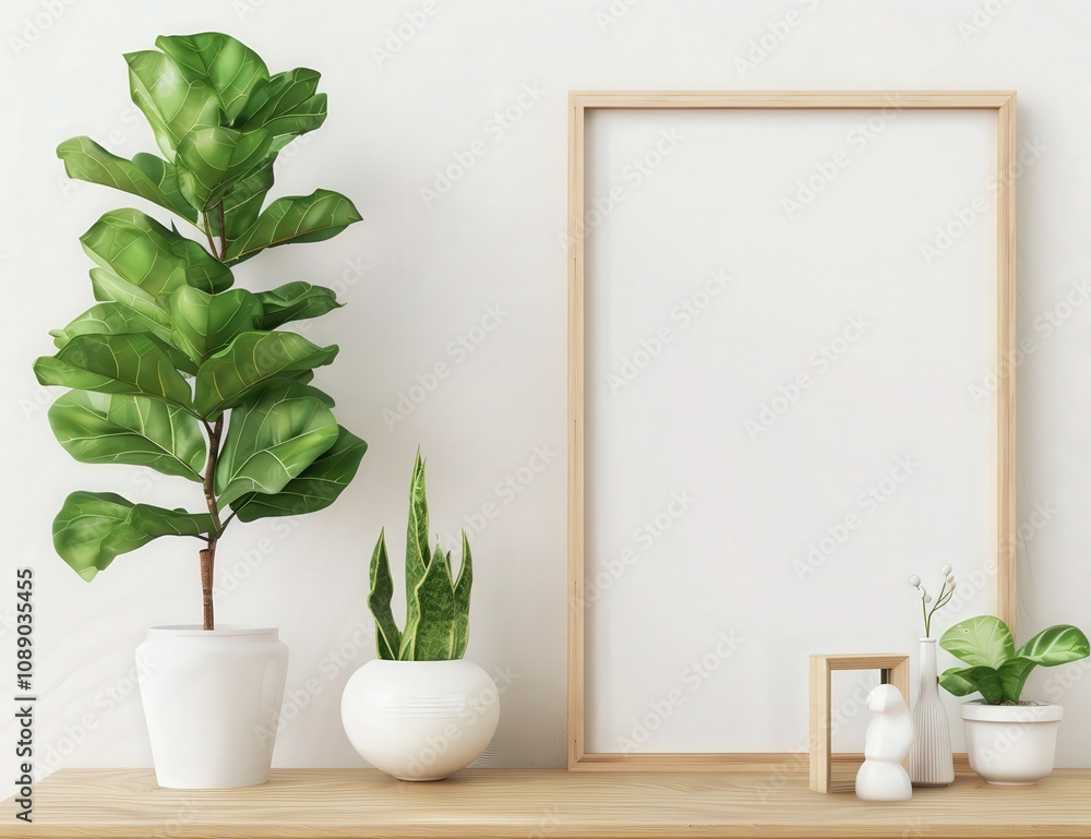 A blank frame mockup with plants and a vase on a wooden table against a white wall