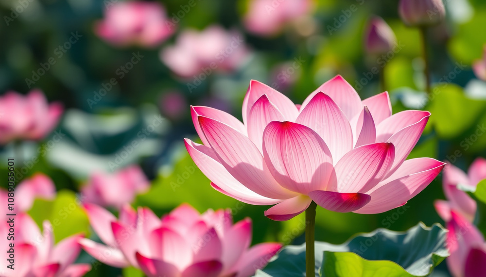 Beautiful Pink Lotus Flowers and Leaves in a Sunlit Pond. Beautiful Pink Lotus Flowers and Leaves in a Sunlit Pond.