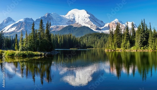 Snow-capped mountains and lake reflecting the landscape under a blue sky