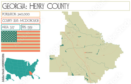 Large and detailed map of Henry County in Georgia USA.