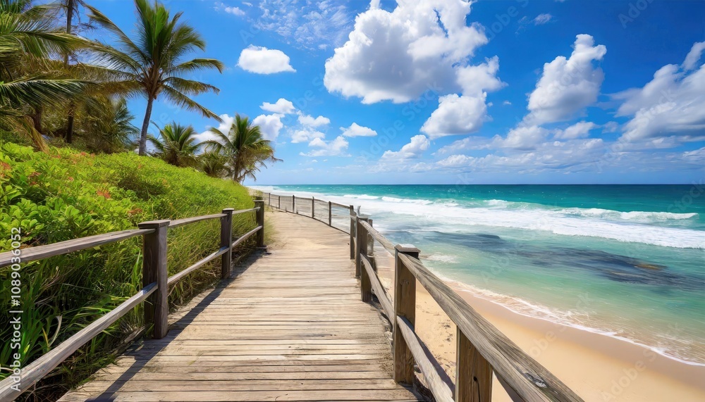 A scenic boardwalk by the beach surrounded by lush greenery and palm trees under a bright blue sky with scattered clouds. A scenic boardwalk by the beach surrounded by lush greenery and palm trees under a bright blue sky with scattered clouds.