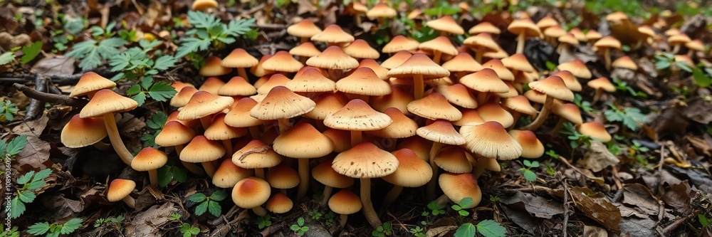 Earthy-toned mushrooms grow in a dense thicket on forest floor, their caps and stems blending seamlessly into surrounding foliage, wildlandscapes, wildcrafting, woodlandfloor Earthy-toned mushrooms grow in a dense thicket on forest floor, their caps and stems blending seamlessly into surrounding foliage, wildlandscapes, wildcrafting, woodlandfloor
