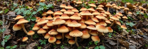 Earthy-toned mushrooms grow in a dense thicket on forest floor, their caps and stems blending seamlessly into surrounding foliage, wildlandscapes, wildcrafting, woodlandfloor photo