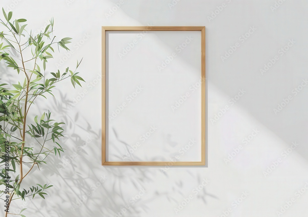 A simple wooden frame mockup with natural light and shadows from a plant. Perfect for displaying artwork, photography, or branding A simple wooden frame mockup with natural light and shadows from a plant. Perfect for displaying artwork, photography, or branding