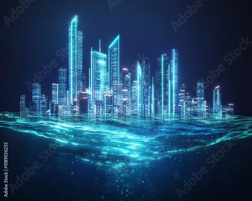 Futuristic digital city partially submerged in glowing blue water. Concept of climate change, technology, or metaverse.