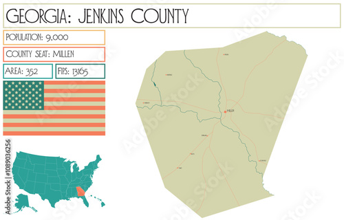 Large and detailed map of Jenkins County in Georgia USA.