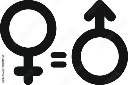 Female and male symbols are linked by an equal sign, representing gender equality and parity between sexes