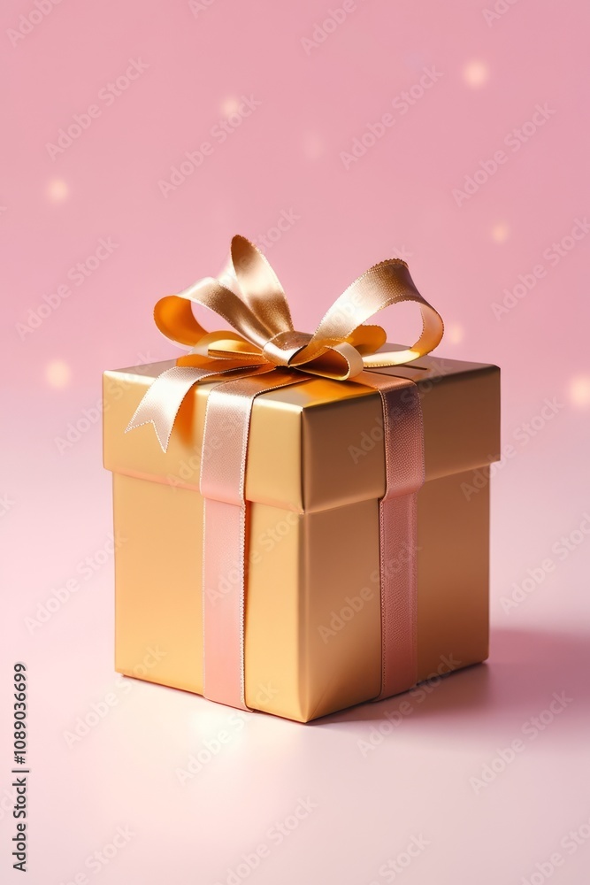 Golden gift box with ribbon on pink sparkling background, bokeh lights. Golden gift box with ribbon on pink sparkling background, bokeh lights.