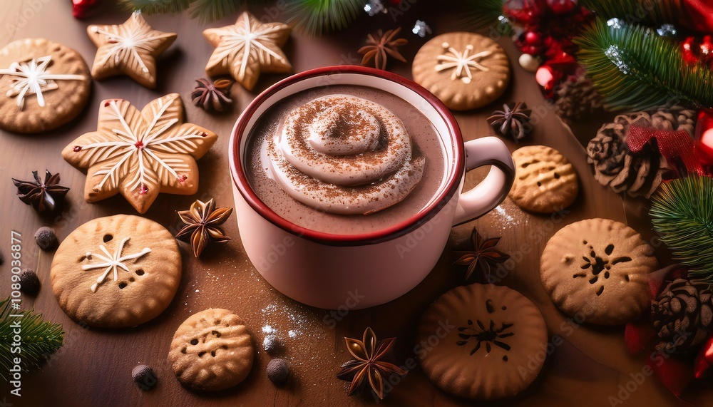Festive hot cocoa served in a mug surrounded by assorted cookies and seasonal decorations for cozy gatherings. Generative AI Festive hot cocoa served in a mug surrounded by assorted cookies and seasonal decorations for cozy gatherings. Generative AI