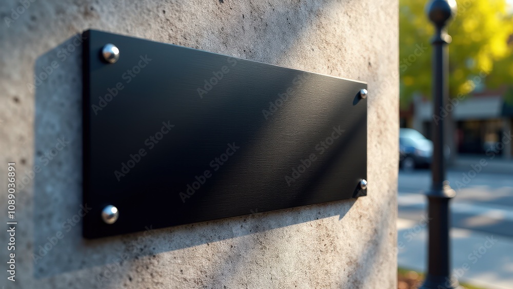 Stylish black metal plate mounted on a textured wall, showcasing polished branding and durable advertising design.