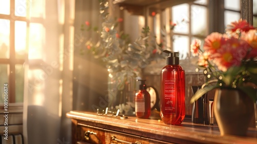 A dresser scene showcasing a heat protectant spray bottle, emphasizing its protective and smoothing effect. photo