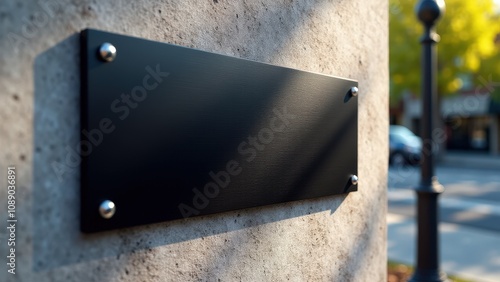 Obraz na płótnie Stylish black metal plate mounted on a textured wall, showcasing polished branding and durable advertising design. w salonie