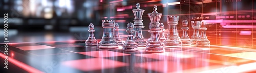 A glowing holographic chessboard with AI opponents creating unique strategies