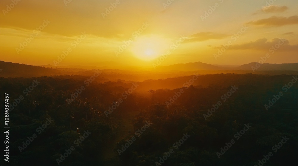 A beautiful sunset over a forest with a mountain in the background A beautiful sunset over a forest with a mountain in the background