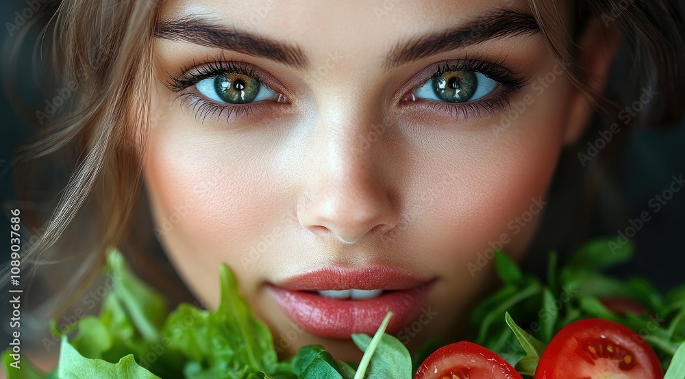 Close-up portrait of a young woman with vibrant green eyes, surrounded by fresh salad greens and tomatoes. Close-up portrait of a young woman with vibrant green eyes, surrounded by fresh salad greens and tomatoes.