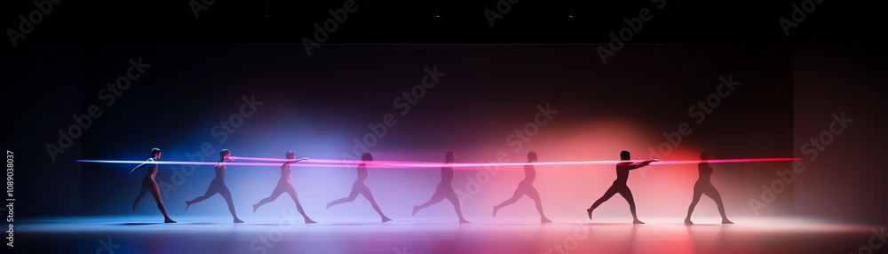 A holographic performance blending traditional dance with futuristic light effects A holographic performance blending traditional dance with futuristic light effects
