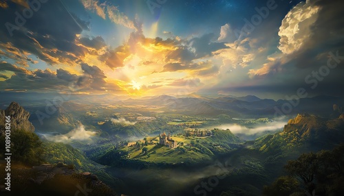 Majestic sunrise over a mystical valley, castle, and mountains.  Epic fantasy landscape, breathtaking scenery.