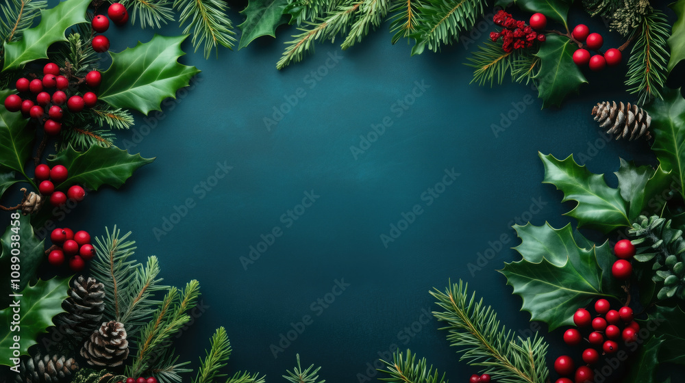 Festive Victorian style Christmas frame with branches, oculus berries on dark blue background. New Year vintage background for holiday cards, invitations and winter-themed decorations Festive Victorian style Christmas frame with branches, oculus berries on dark blue background. New Year vintage background for holiday cards, invitations and winter-themed decorations