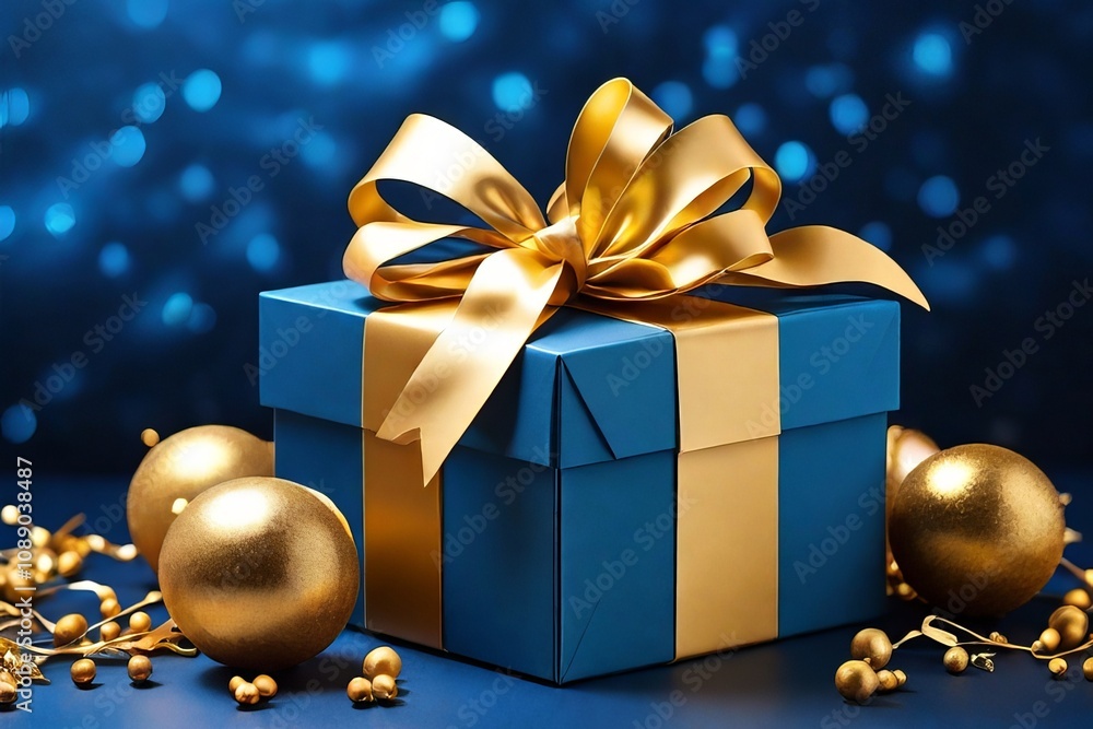 Golden gift box with ribbon on a sparkling blue background. Golden gift box with ribbon on a sparkling blue background.