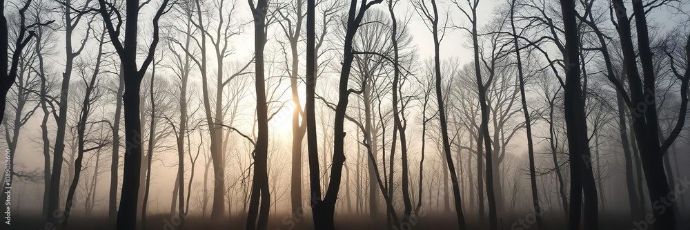 Obraz premium Foggy forest floor tree silhouettes against a clear sky, landscape, foliage
