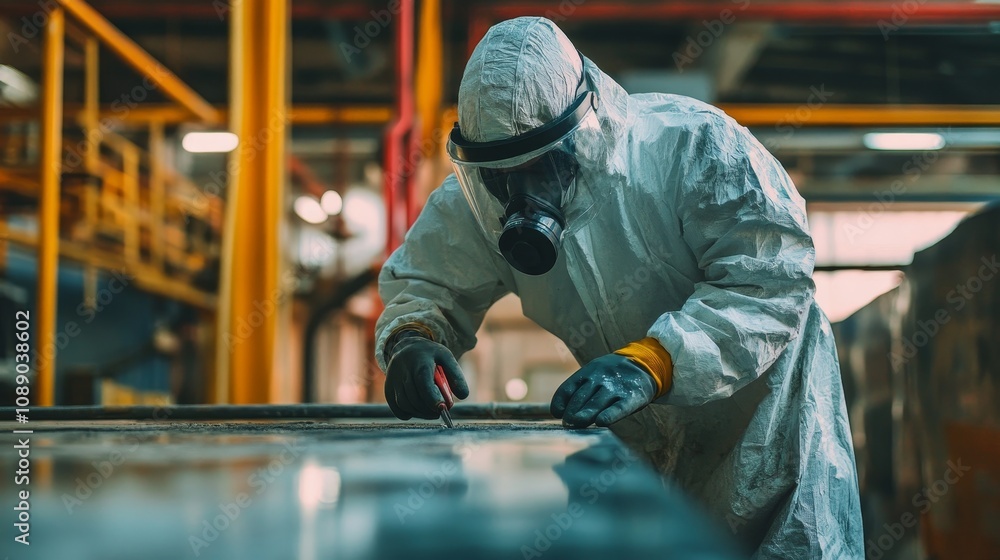 Industrial worker in protective gear handling asbestos safely with respirator for health protection Industrial worker in protective gear handling asbestos safely with respirator for health protection