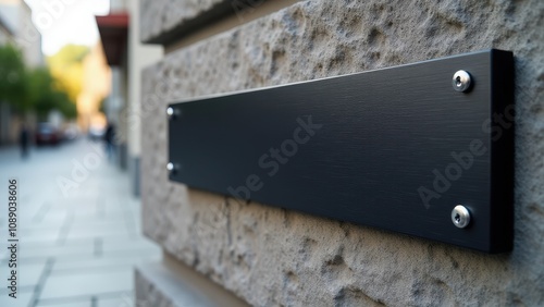 Textured stone wall with a custom metallic nameplate, offering a realistic template for business presentations and outdoor signage.