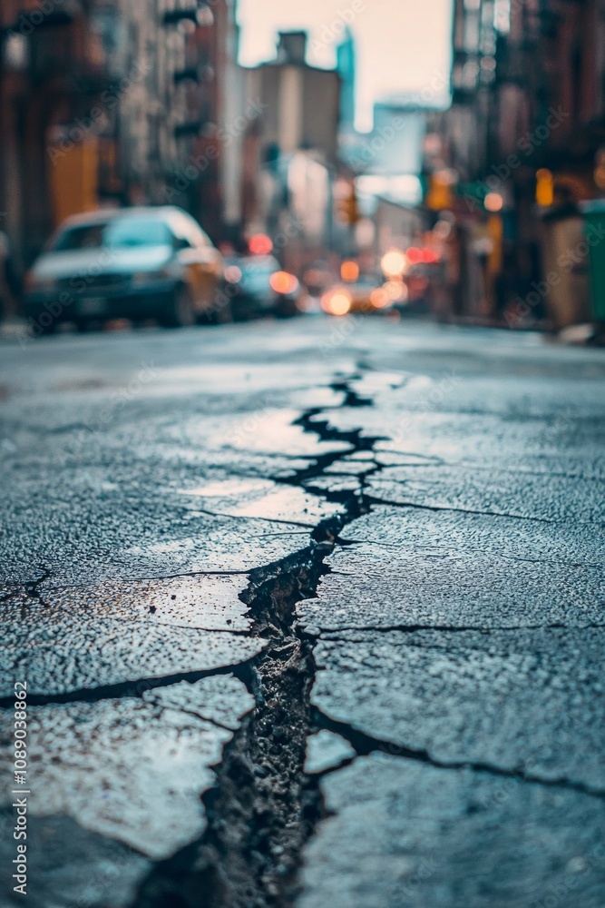 Closeup of a crack on the street in a city Closeup of a crack on the street in a city
