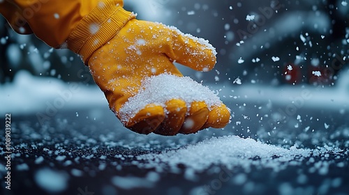 hand in yellow glove holds road salt for scattering on asphalt. Anti-slip salt in winter, reagents for anti-slip